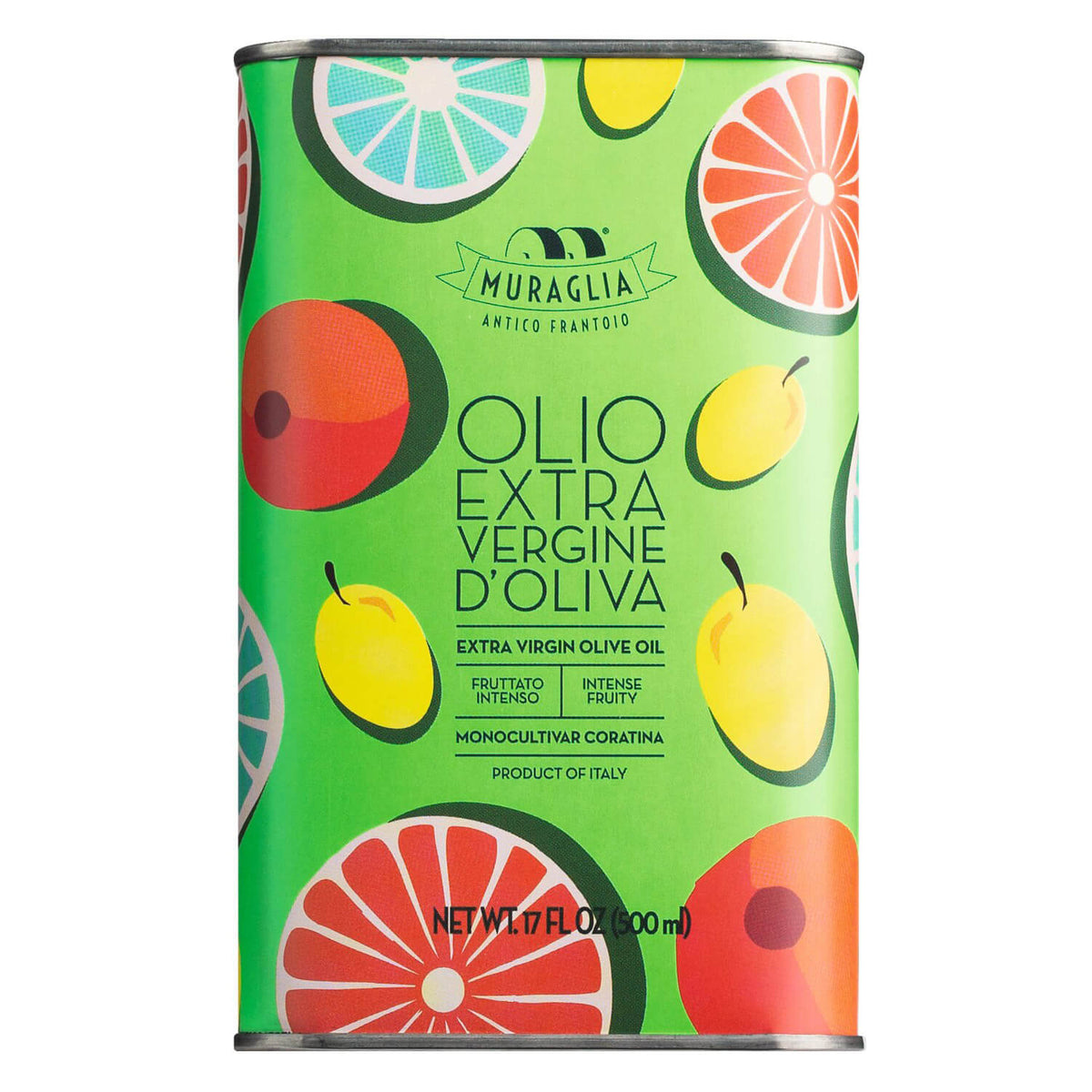 Die Muraglia Lattina Frutti del Mediterraneo Intenso ist eine 500-ml-Dose mit nativem Olivenöl extra, auf der Früchte auf grünem Hintergrund abgebildet sind.