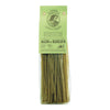 Eine 250-g-Packung Lorenzo il Magnifico Grüne Linguine mit Knoblauch und Basilikum, mit grünem Etikett und sichtbarer Pasta im Inneren.