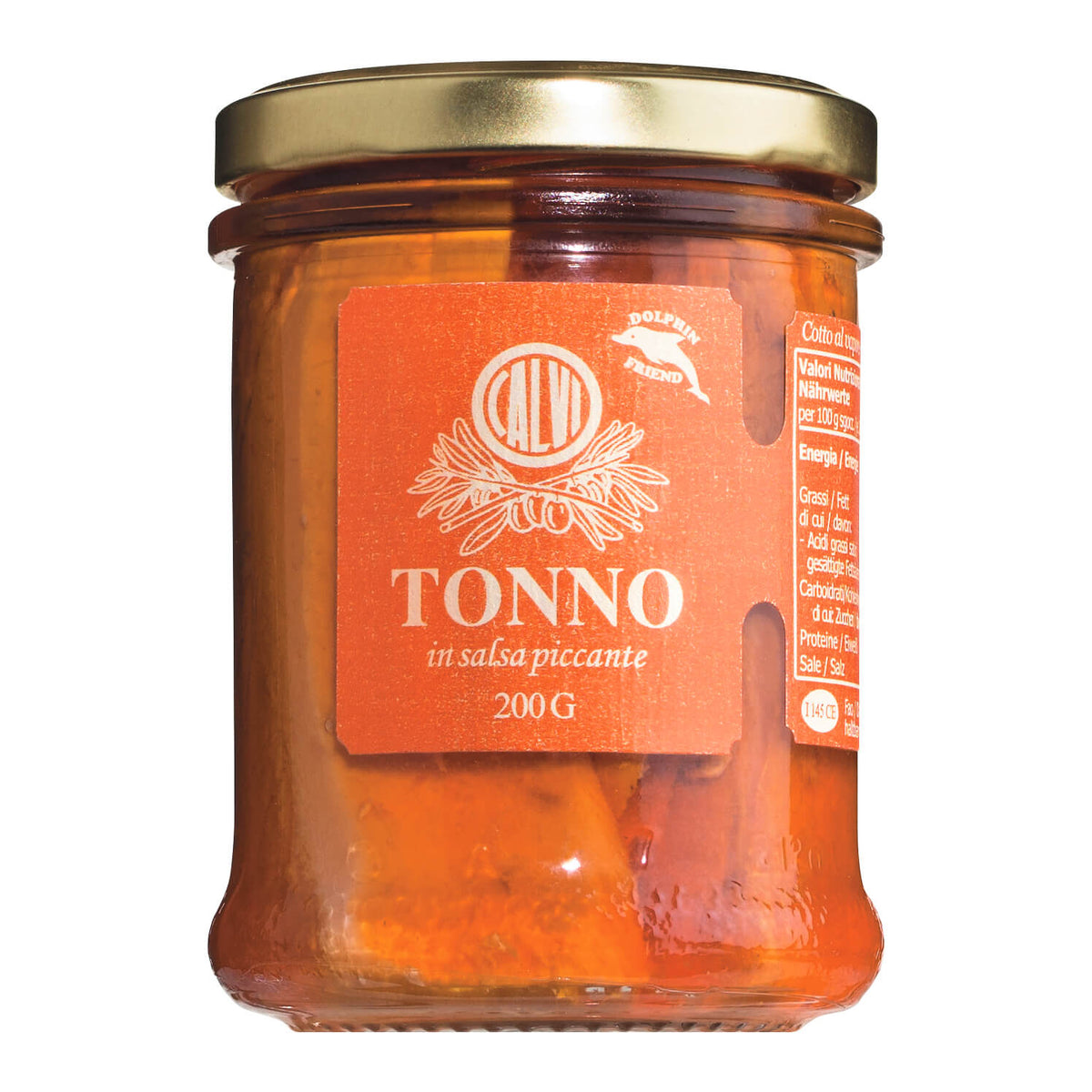 Ein 200-g-Glas mit Calvi Tonno piccante - würziger Thunfisch mit Chili-Öl - mit orangefarbenem Etikett und goldenem Deckel.