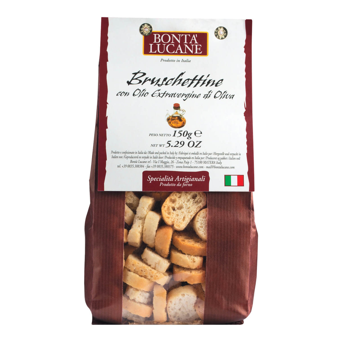 Eine 150g-Tüte Bontà Lucane s.r.l. Crostini Classico mit Olivenöl, mit italienischem Branding und Flagge.