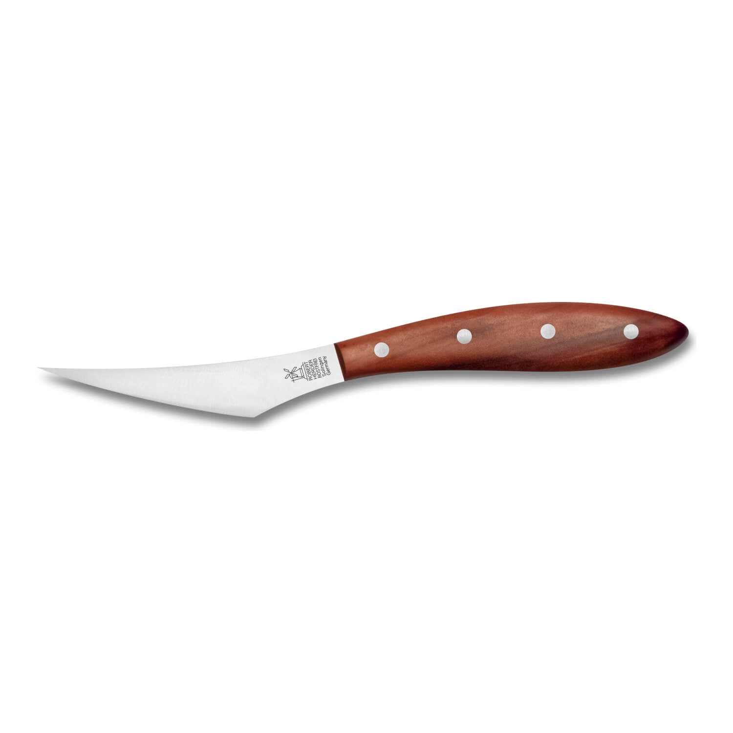 Das Fromago Kapro Ziegenkäsemesser von Windmühlenmesser hat eine gebogene, rostfreie Klinge und einen Pflaumenholzgriff mit drei Metallnieten.