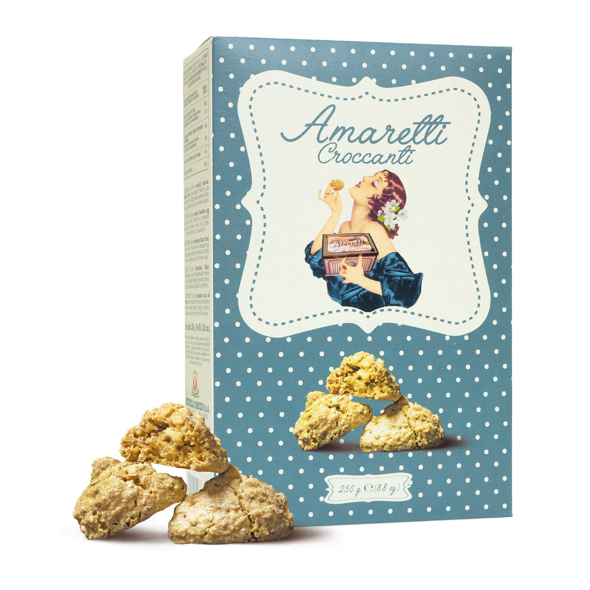 Eine Schachtel Amaretti Croccanti mit knusprigen Makronen von Rustichella, 250 g von Rustichella d'Abruzzo S.p.A. mit drei Keksen auf der Vorderseite der Schachtel.