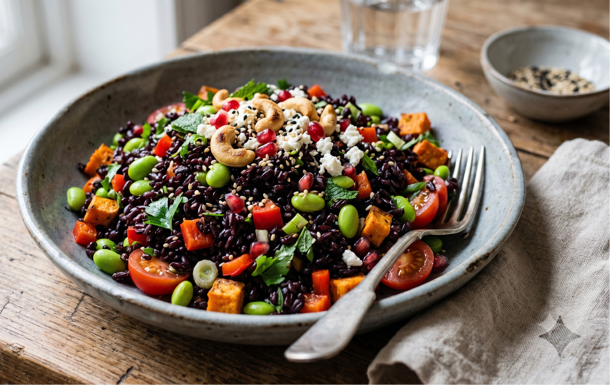 Reisgericht mit schwarzem Reis, Tomaten, Frühlingszwiebeln, Feta etc. auf einem Teller