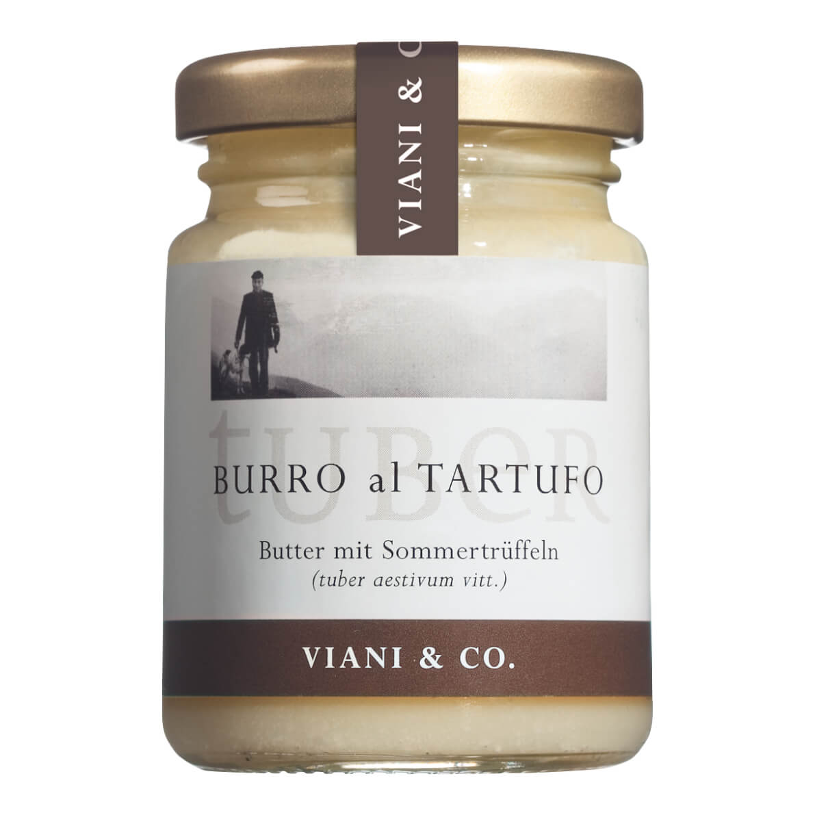 80g-Dose Viani & Co. Burro al Tartufo - Trüffelbutter mit Sommertrüffeln, mit goldenem Deckel und weißem Etikett mit schwarzem Text und einem Vintage-Foto.