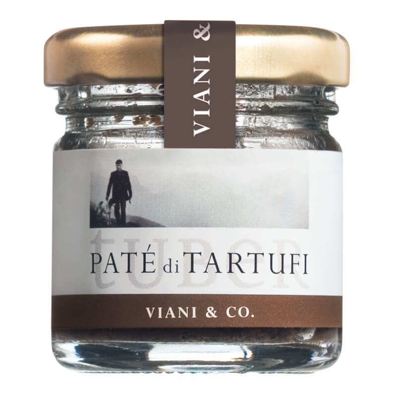 25 g Glas mit goldfarbenem Deckel und minimalistischem Etikett: Viani & Co. Paté di Tartufi - italienische Paste aus Sommertrüffeln.