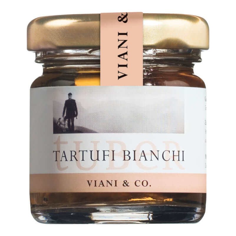 Ein 12,5 g Glasgefäß von Viani & Co. Tartufi Bianchi - Weiße Trüffel Extra, mit goldenem Deckel und beigem Etikett.