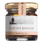 Ein 12,5 g Glasgefäß von Viani & Co. Tartufi Bianchi - Weiße Trüffel Extra, mit goldenem Deckel und beigem Etikett.