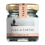 Ein 25 g Glasgefäß von Viani & Co. Puré di Tartufi - Püree von weißen Trüffeln, mit goldenem Deckel und beigem Etikett.