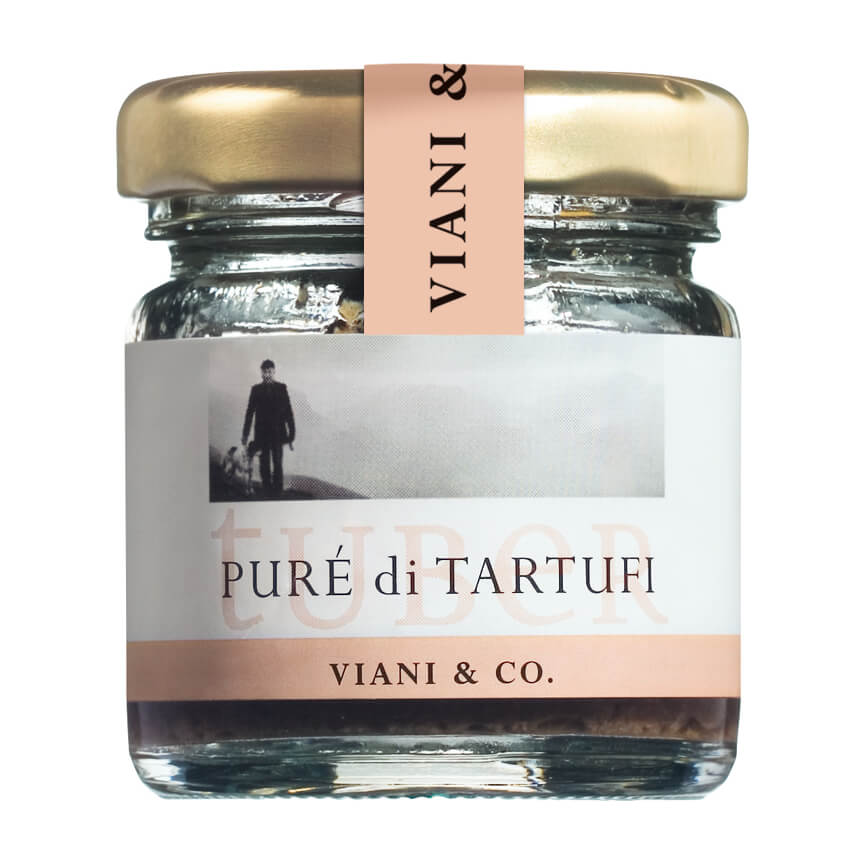 Ein 25 g Glasgefäß von Viani & Co. Puré di Tartufi - Püree von weißen Trüffeln, mit goldenem Deckel und beigem Etikett.