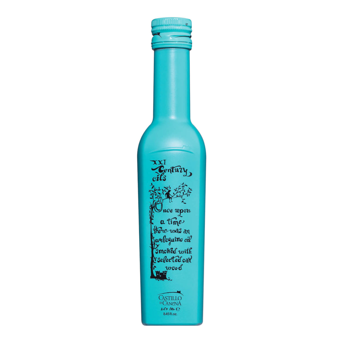 Eine türkisfarbene 250-ml-Flasche mit schwarzem, skurrilem Text und Illustrationen mit der Aufschrift Olivenöl geräuchert mit Bio-Eichenholz von Castillo de Canena.