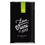 Schwarze Dose Olio Viani Gentle Love, 500 ml mild-fruchtiges natives Olivenöl extra (Arbequina), von Viani & Co. mit grünem Siegel und weißer Schrift auf der Vorderseite.
