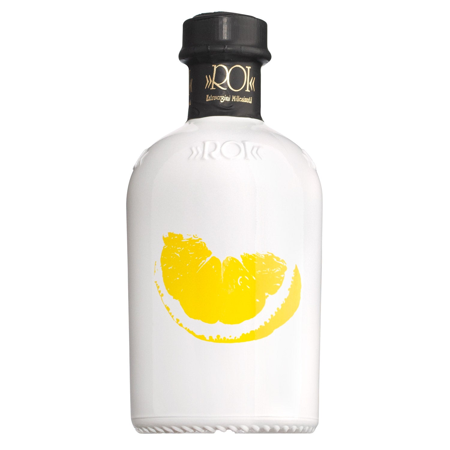 Olio Roi Olio al limone, 250 ml: Weiße Flasche mit schwarzem Verschluss, auf der Vorderseite eine gelbe Zitronenscheibe.