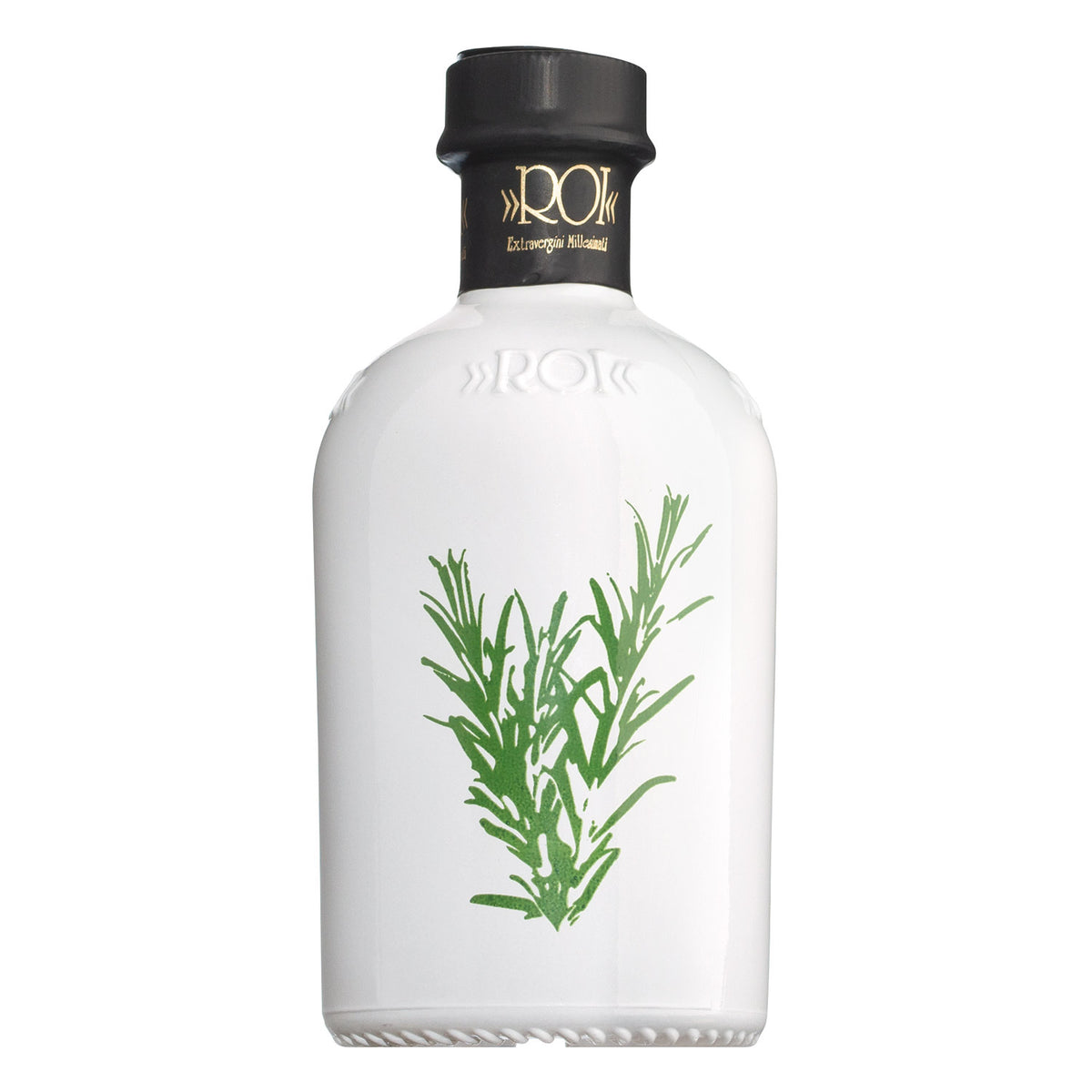Olio Roi Olio al rosmarino, 250 ml: weiße Flasche mit schwarzem Verschluss und grüner Rosmarin-Abbildung auf der Vorderseite.