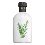 Olio Roi Olio al rosmarino, 250 ml: weiße Flasche mit schwarzem Verschluss und grüner Rosmarin-Abbildung auf der Vorderseite.