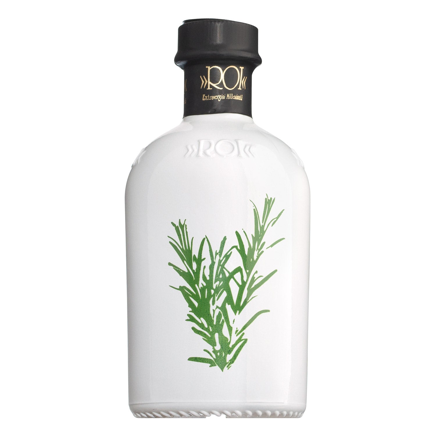 Olio Roi Olio al rosmarino, 250 ml: weiße Flasche mit schwarzem Verschluss und grüner Rosmarin-Abbildung auf der Vorderseite.
