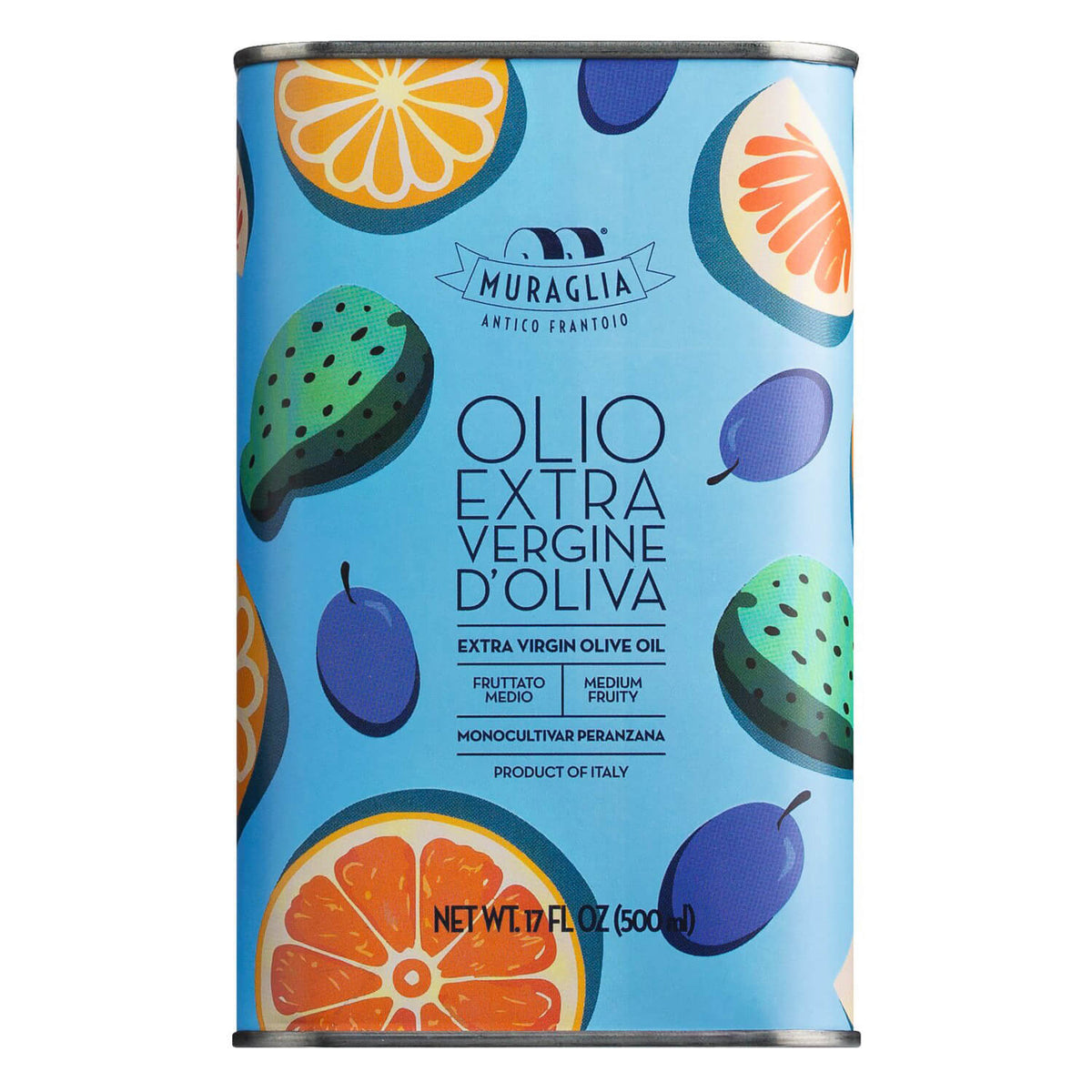 Eine blaue 500-ml-Dose natives Olivenöl extra von Muraglia Lattina Frutti del Mediterraneo Medio mit bunten Abbildungen mediterraner Früchte auf dem Etikett.