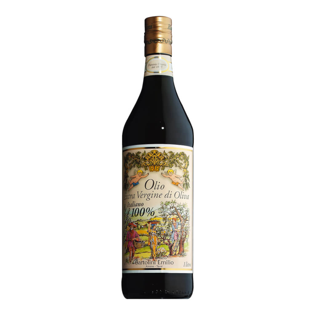 Eine 1L Flasche Angeli Natives Olivenöl extra von Emilio Bartolini von Emilio Bartolini & C. s.n.c., mit dekorativem Etikett und goldenem Verschluss, isoliert auf weißem Hintergrund.