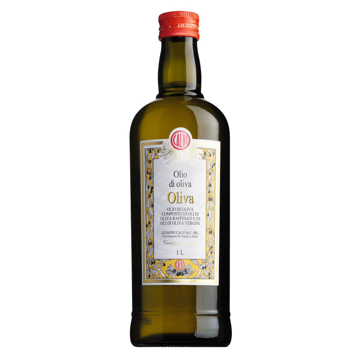1-Liter-Glasflasche mit rotem Verschluss und dekorativem Etikett für das Olivenöl Reines Olivenöl aus Calvi.