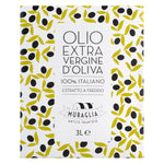 Muraglia Peranzana Natives Olivenöl extra, 3 l - dekorative Box mit Olivenzweig-Muster und italienischem Schriftzug von Muraglia.