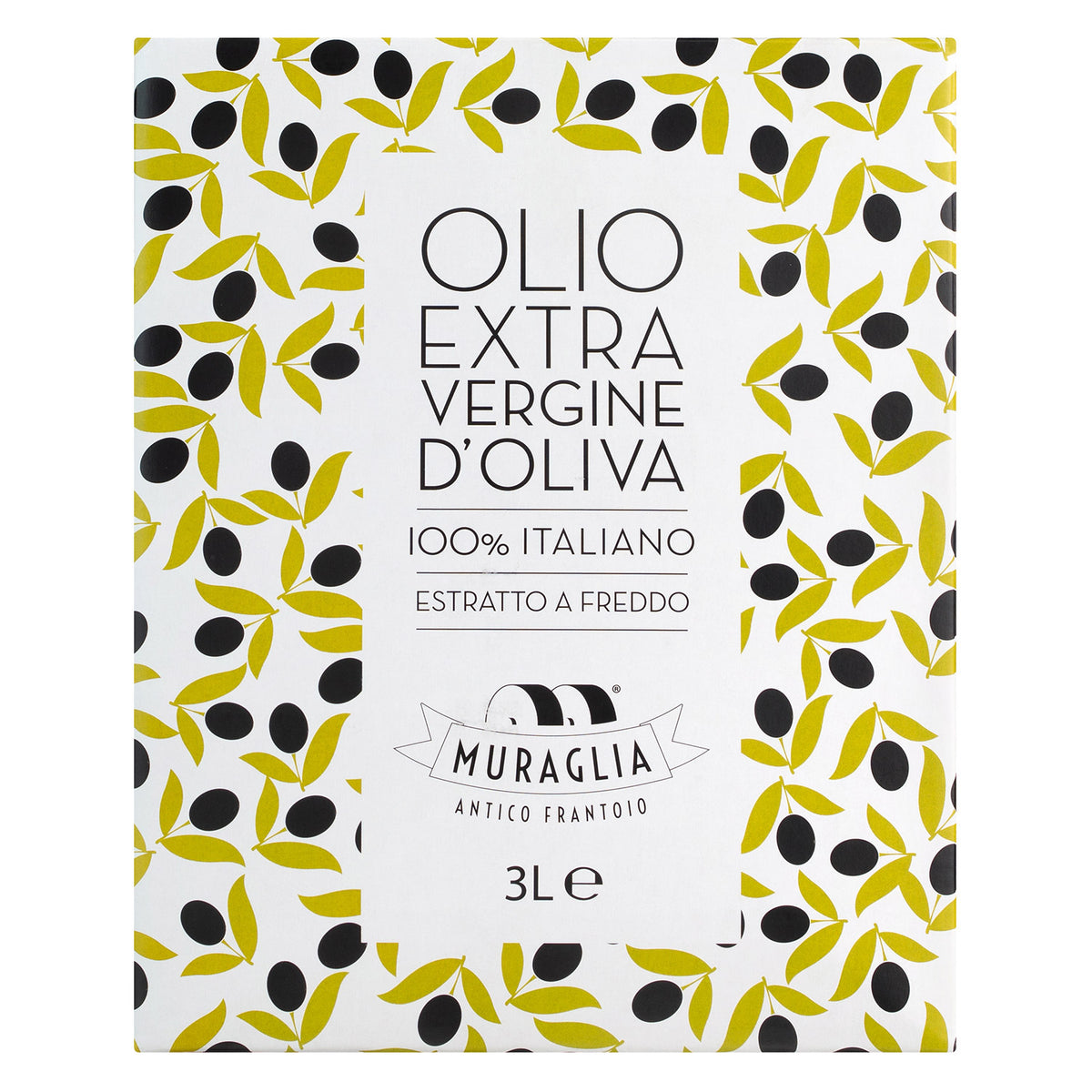 Muraglia Peranzana Natives Olivenöl extra, 3 l - dekorative Box mit Olivenzweig-Muster und italienischem Schriftzug von Muraglia.