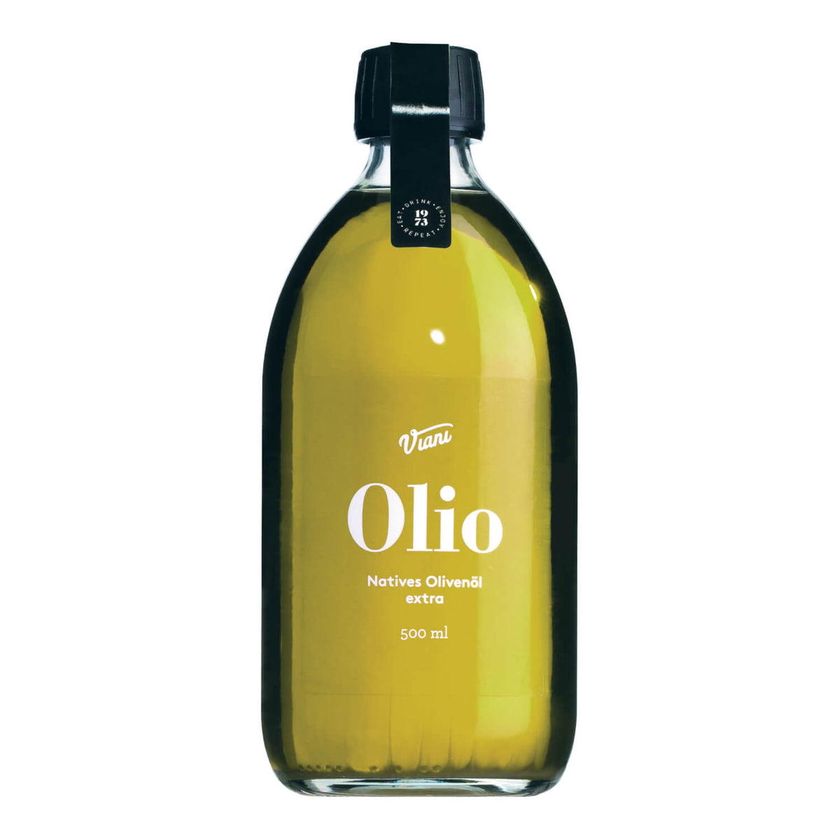 Eine Klarglasflasche von Viani & Co. Olio - natives Olivenöl extra, mittelfruchtig, 500 ml, mit schwarzem Verschluss und Etikett.
