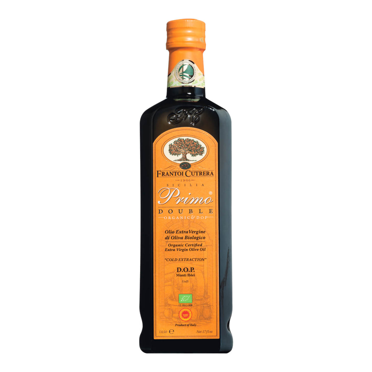 Eine 500-ml-Flasche natives Olivenöl extra Frantoi Cutrera Primo Double DOP Biologico.