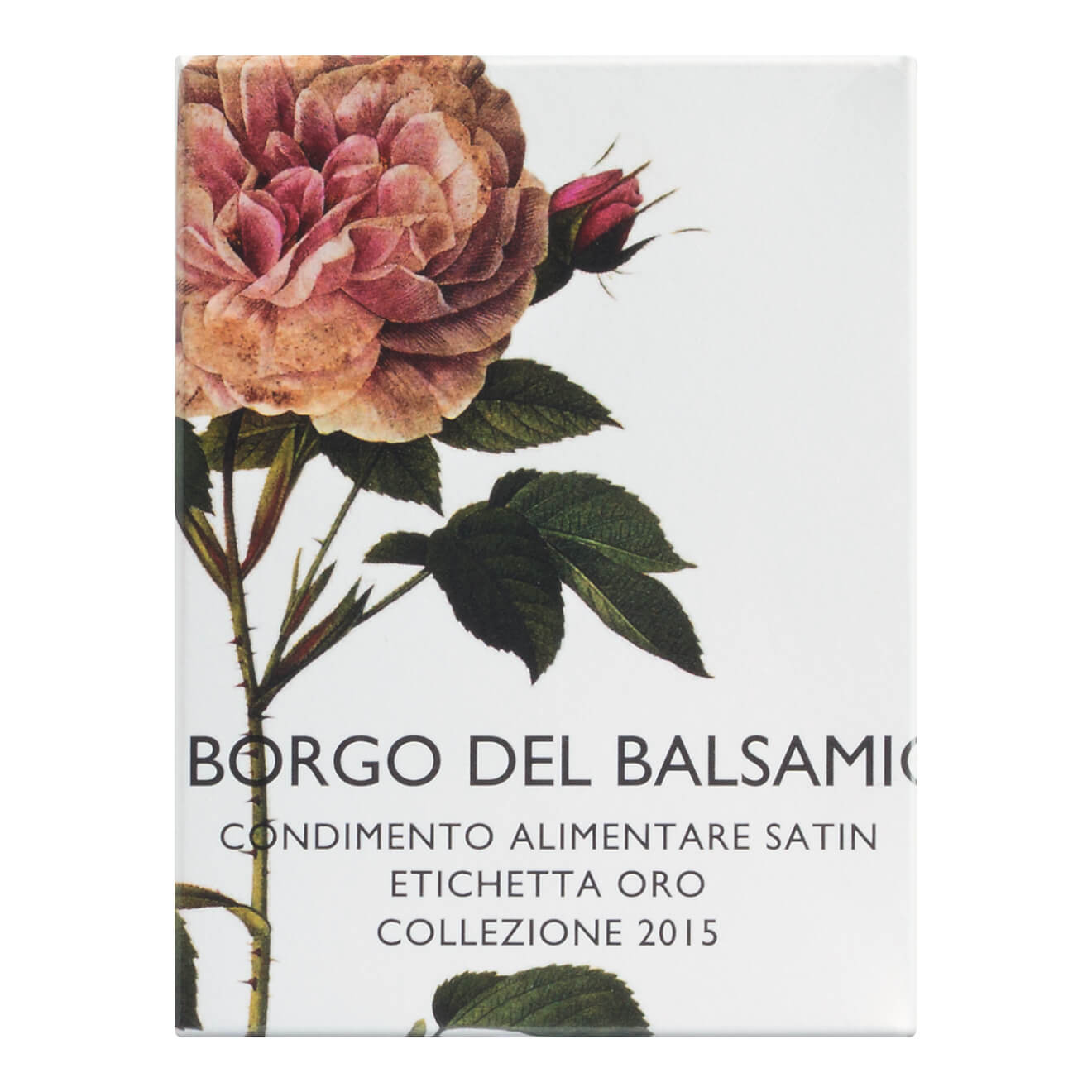 Eine rosafarbene Rose mit grünen Blättern thront über dem italienischen Text auf der weißen Schachtel von Il Borgo del Balsamico Contimento Satin 5 Jahre gereift, 100 ml.