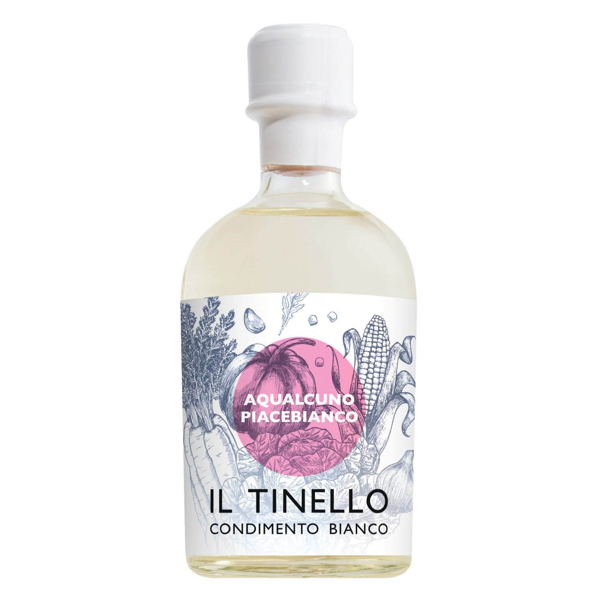 Klare Flasche Condimento bianco Il Tinello, weißer Balsamico von Il Borgo del Balsamico (250 ml) mit weißem Verschluss und illustriertem Gemüseetikett.