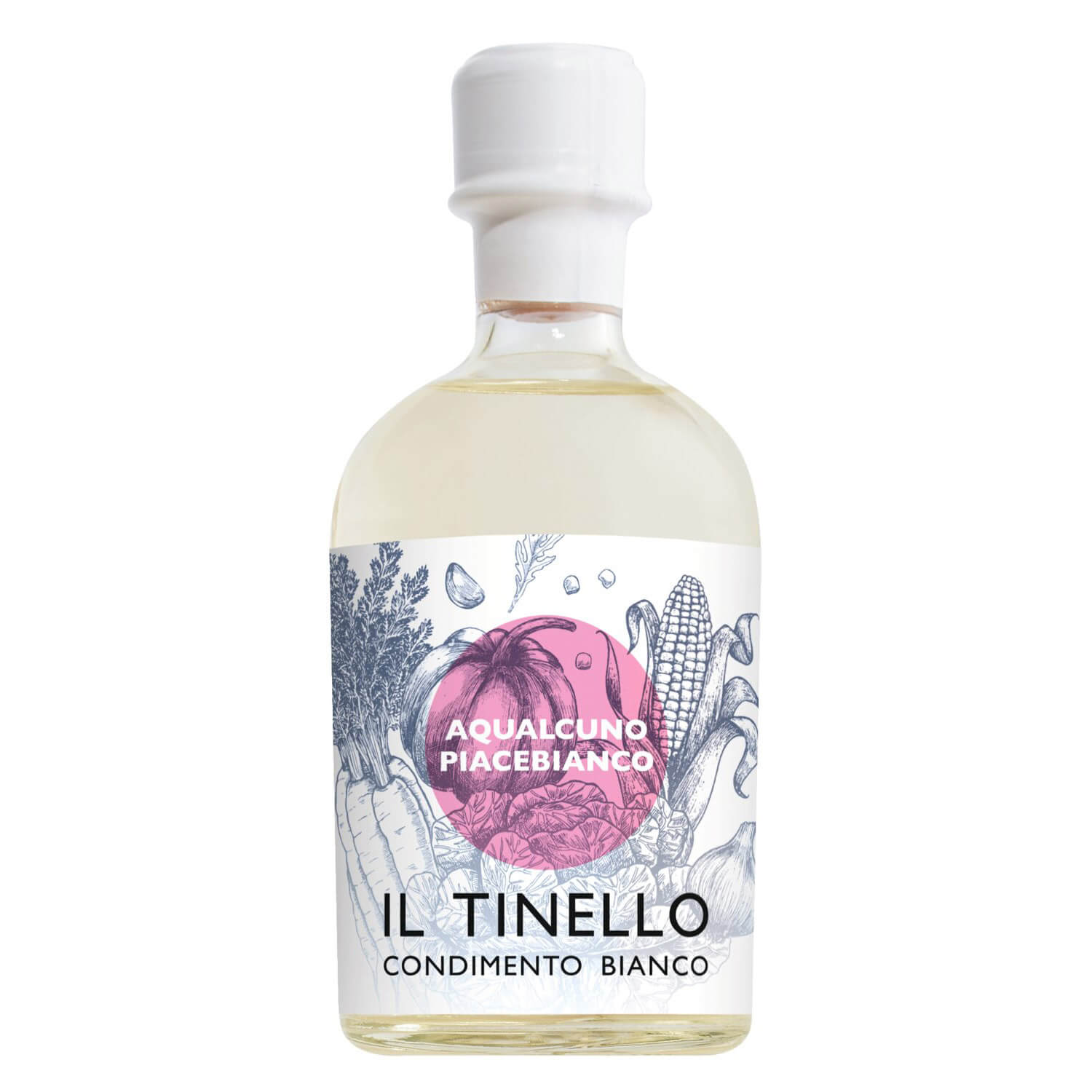 Klare Flasche Condimento bianco Il Tinello, weißer Balsamico von Il Borgo del Balsamico (250 ml) mit weißem Verschluss und illustriertem Gemüseetikett.