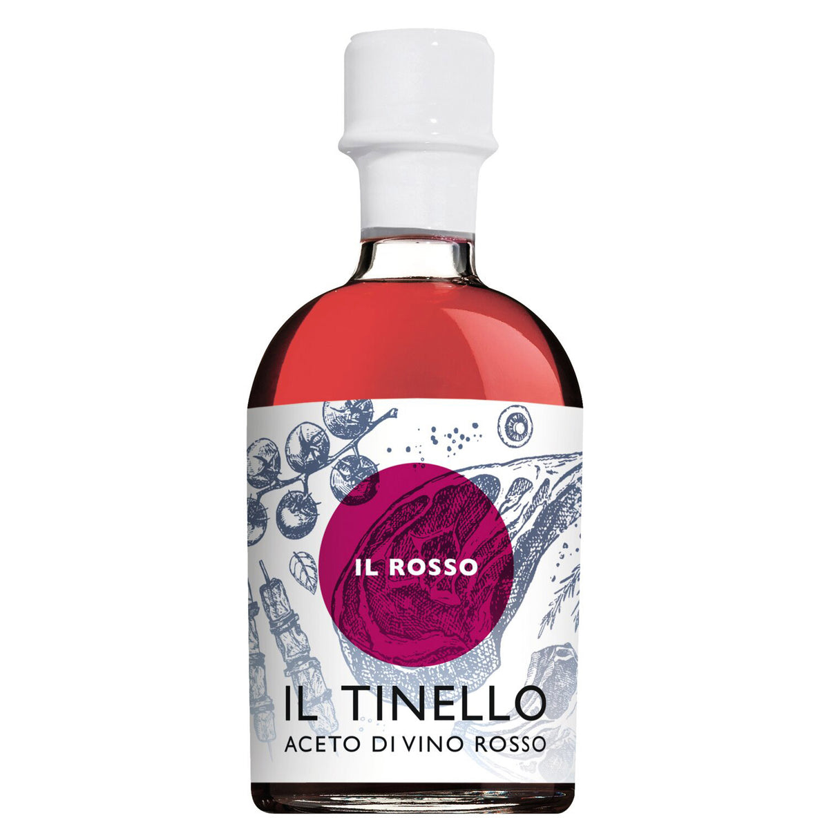 Eine 250 ml Flasche Il Borgo del Balsamico Il Tinello Aceto Di Vino Rosso (Rotweinessig) mit illustriertem Etikett und weißem Verschluss.