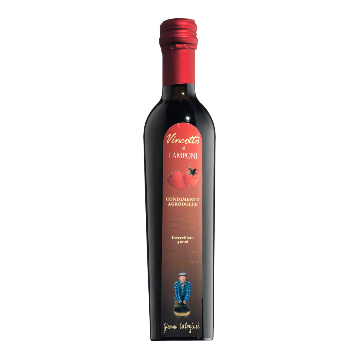 Calogiuri Vincotto mit Himbeeren in einer 250-ml-Flasche aus dunklem Glas mit rotem Verschluss und einem Etikett mit Himbeermotiv.
