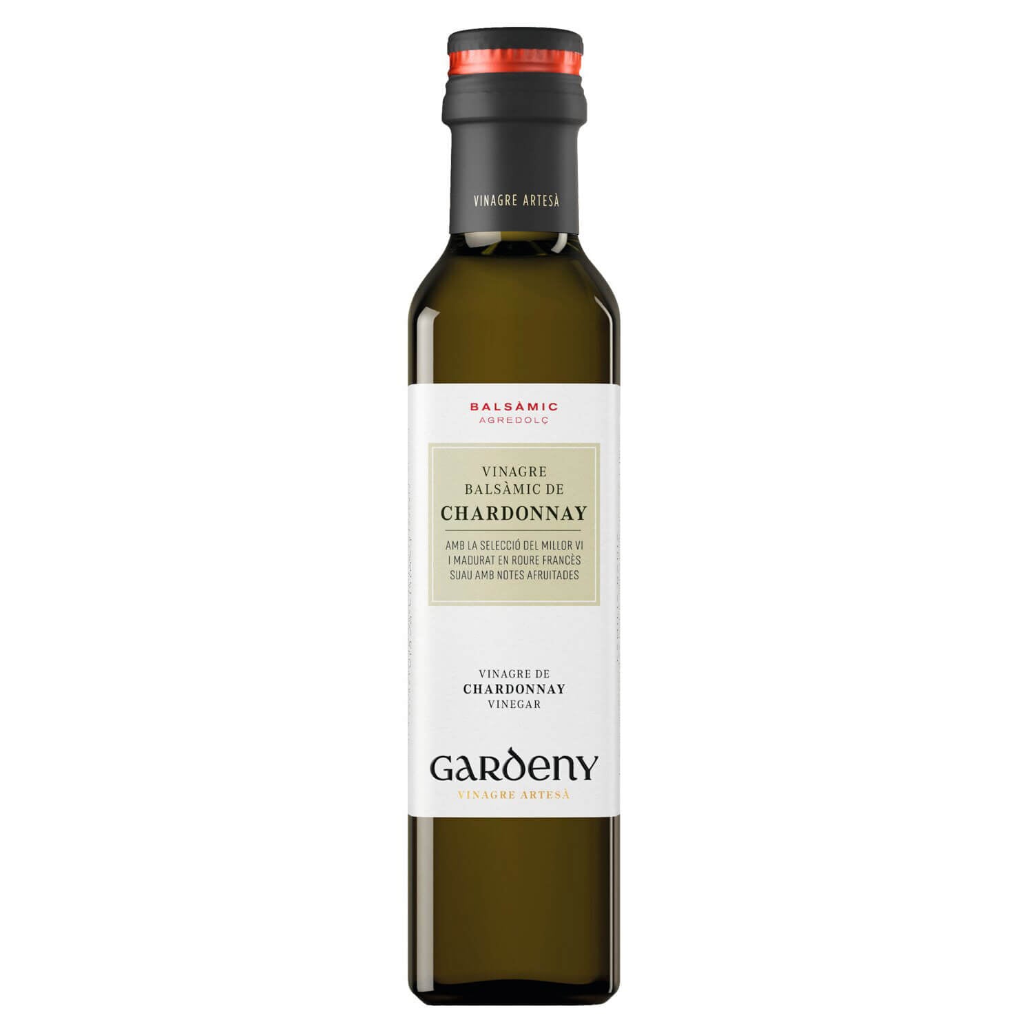 Eine 250 ml Flasche Gardeny Weißweinessig aus Chardonnay mit weißem Etikett und schwarzem Verschluss.