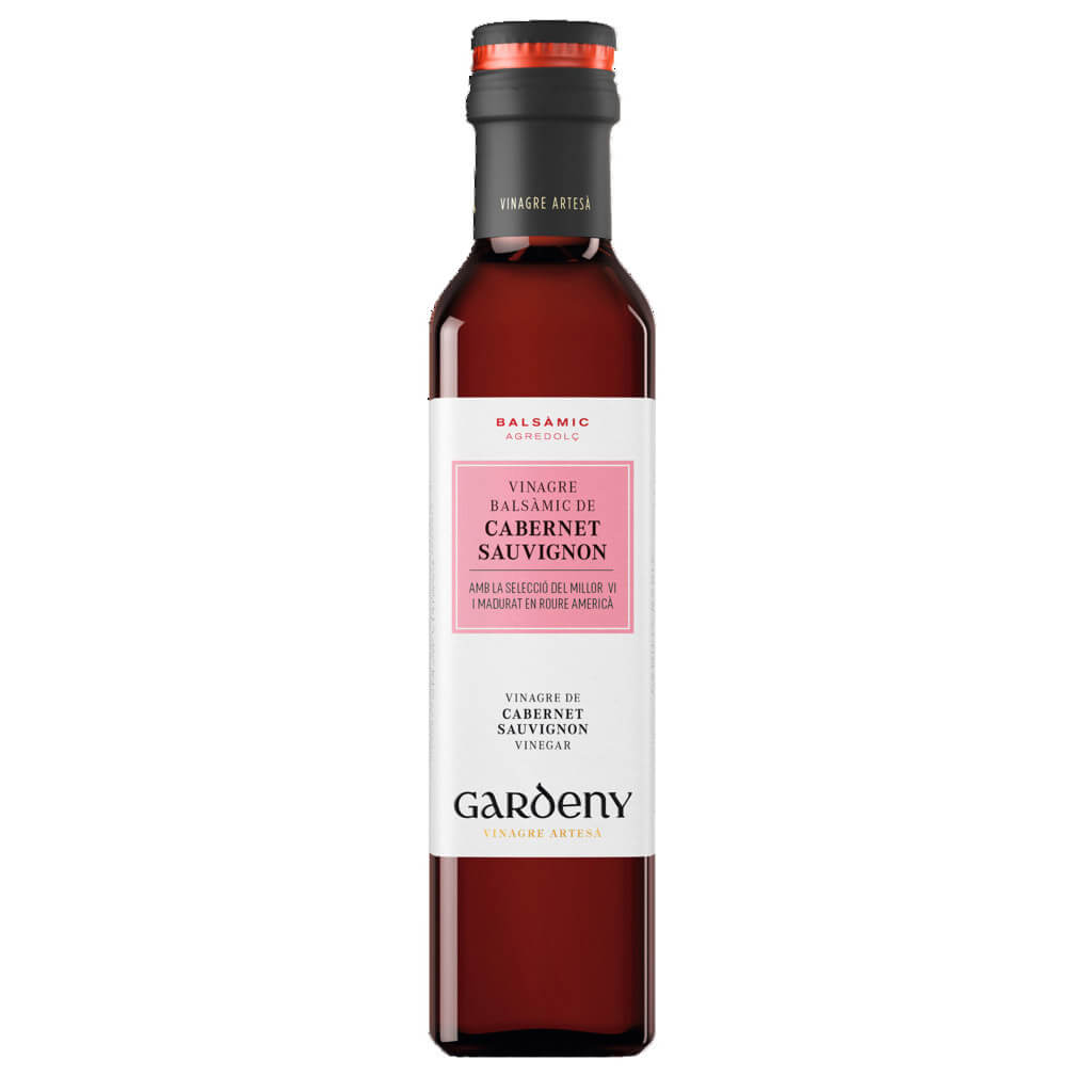 Eine 250-ml-Flasche Gardeny Rotweinessig aus Cabernet Sauvignon mit schwarzem Verschluss und rotem Akzent.