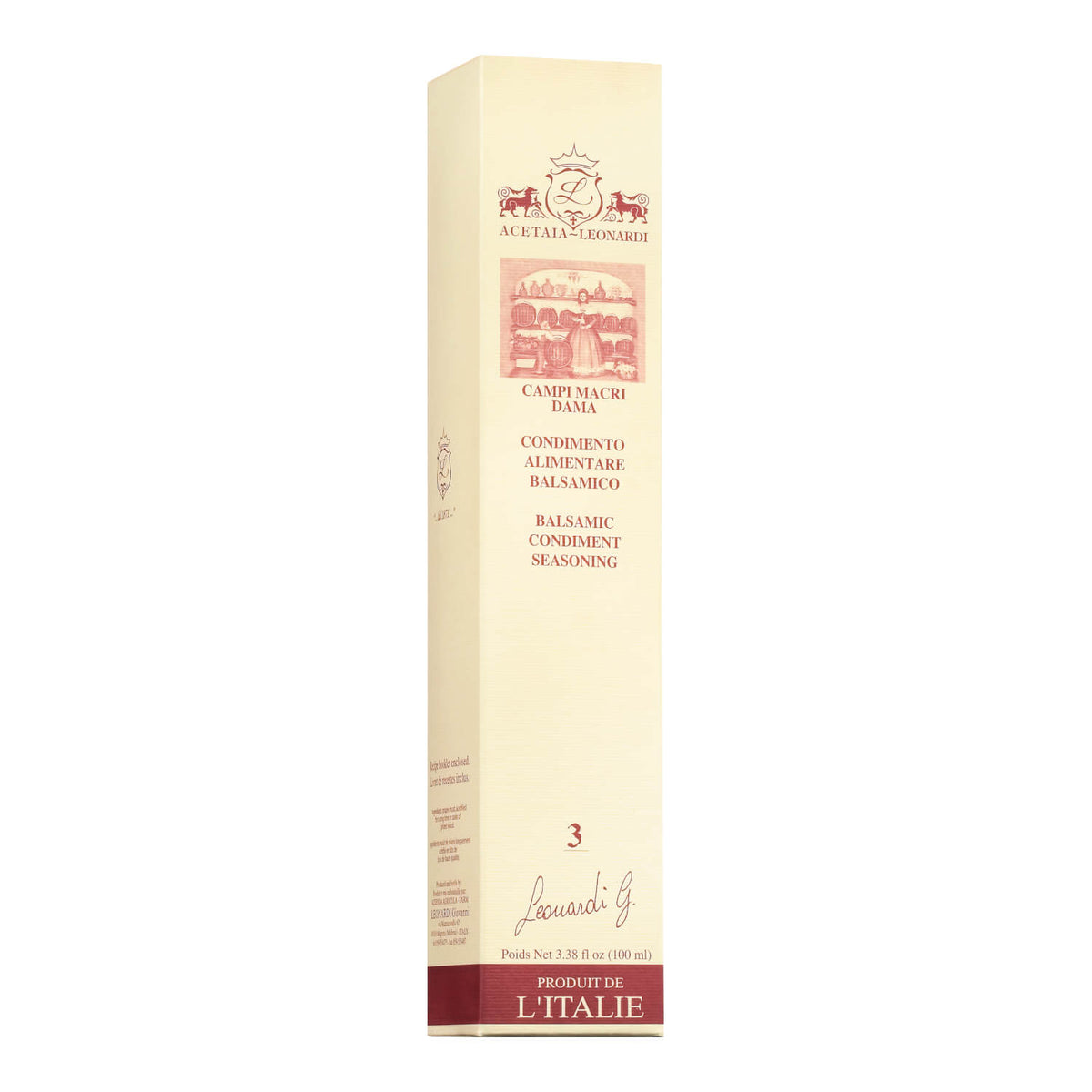 Cremefarbene Schachtel mit Acetaia Leonardi Condimento Balsamico, mindestens 3 Jahre alt, 100 ml, Produkt aus Italien.