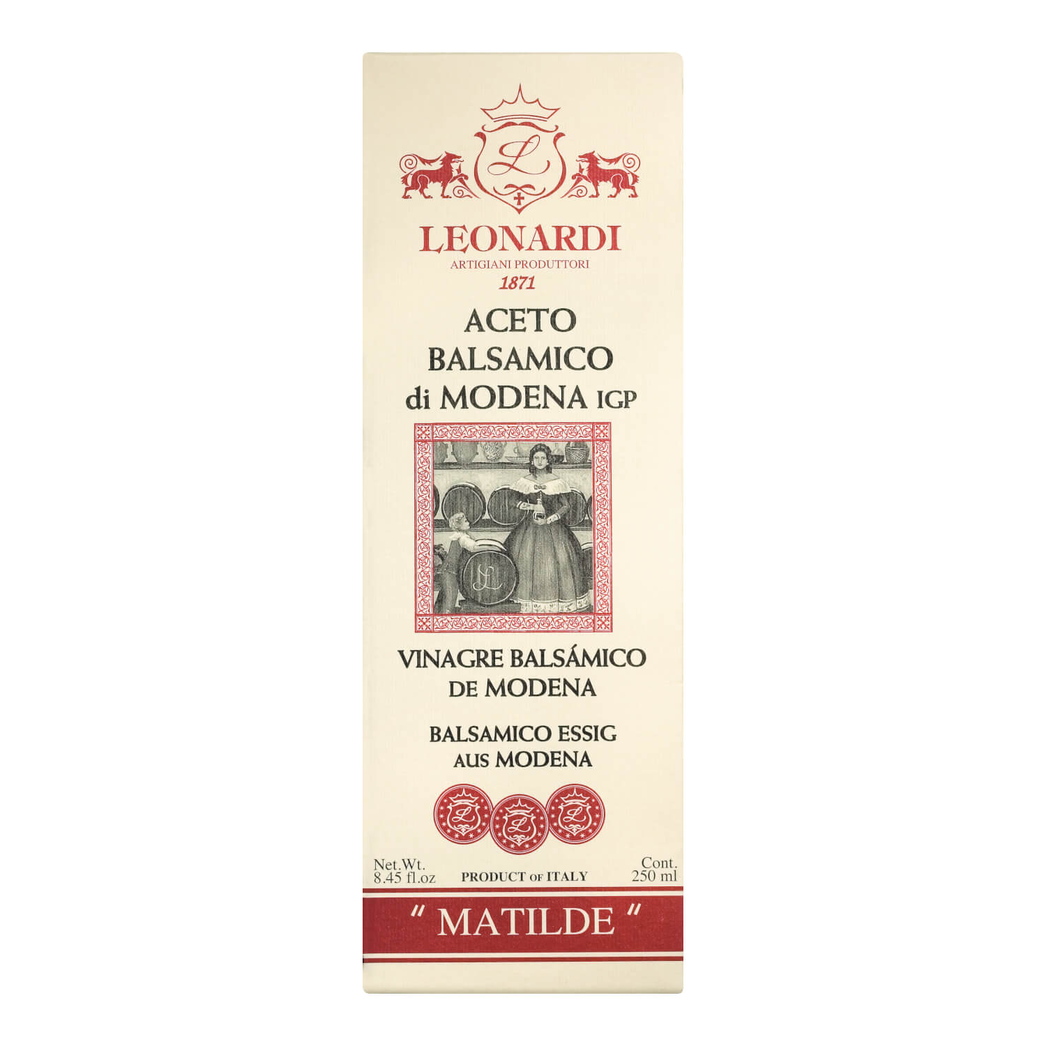 Schachtel Acetaia Leonardi Aceto Balsamico di Modena IGP Matilde, mindestens 6 Jahre gereift, 250 ml, mit Vintage-Abbildung und mehrsprachigem Text.