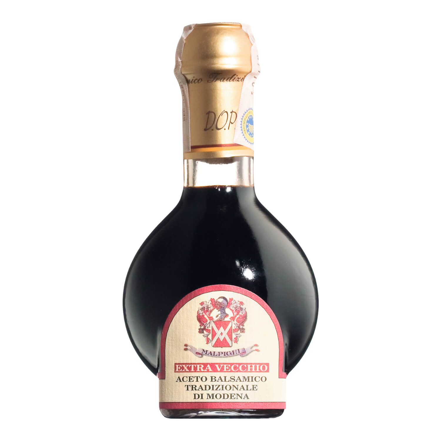 Eine runde 100-ml-Flasche Aceto Balsamico Tradizionale di Modena Extra Vecchio DOP, mindestens 25 Jahre gereift von Acetaia Malpighi, mit einem goldenen Folienverschluss.