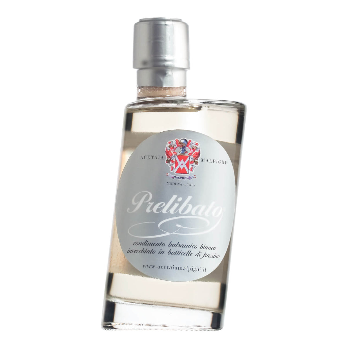 Klare Flasche Acetaia Malpighi Prelibato Condimento bianco, min. 5 Jahre gereift, 200 ml, mit Silberkappe und Schmucketikett.