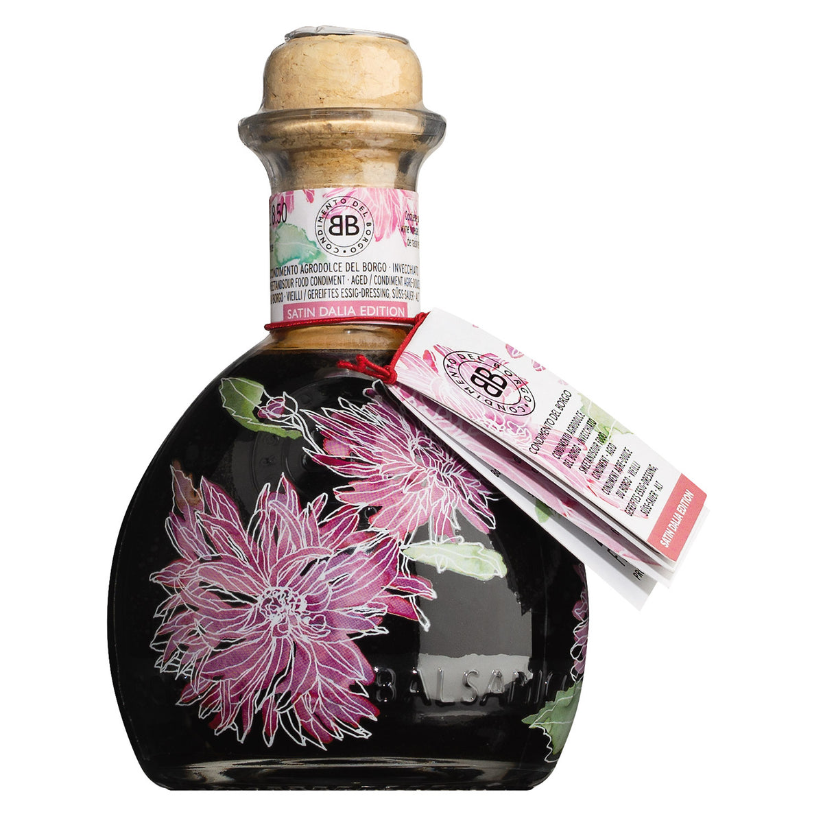 Der Condimento del Borgo - Satin, 5 Jahre gereift von Il Borgo (250 ml) von Il Borgo del Balsamico kommt in einer runden Glasflasche mit rosa Dahlienabbildungen und einem Korkenverschluss.