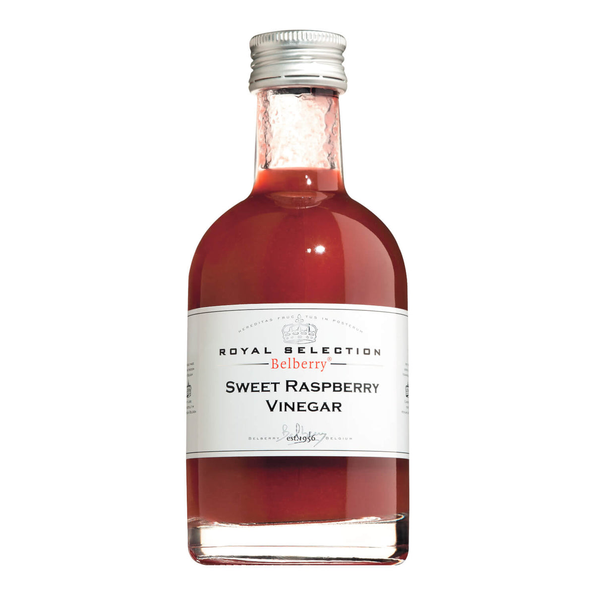 Eine 200 ml Klarglasflasche Belberry Süsser Himbeeressig - Sweet Raspberry Vinegar mit einem silbernen Verschluss.