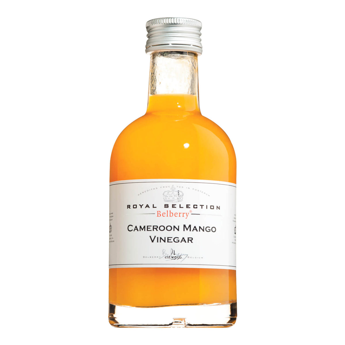 Eine 200-ml-Klarglasflasche mit Belberry-Mango-Essig (Mangoessig) mit silbernem Verschluss und weißem Etikett.