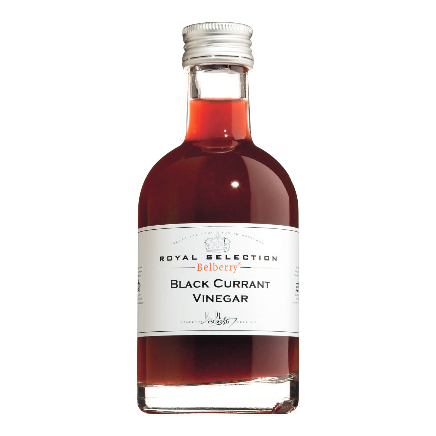 Eine 200 ml Glasflasche Schwarzer Johannisbeeressig von Belberry mit weißem Etikett und Verschluss.