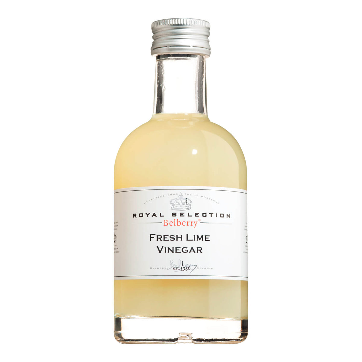 Eine 200 ml Glasflasche Belberry Limonenessig - Fresh Lime Vinegar mit einem silbernen Verschluss.