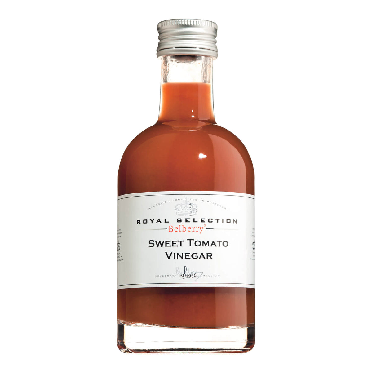 Eine durchsichtige 200-ml-Flasche Belberry Tomatenessig - Sweet Tomato Vinegar mit weißem Etikett und silbernem Verschluss.