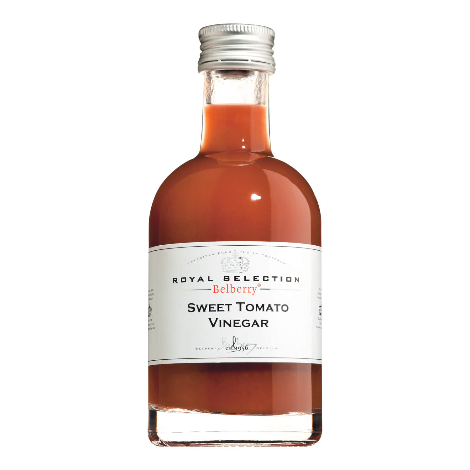 Eine durchsichtige 200-ml-Flasche Belberry Tomatenessig - Sweet Tomato Vinegar mit weißem Etikett und silbernem Verschluss.