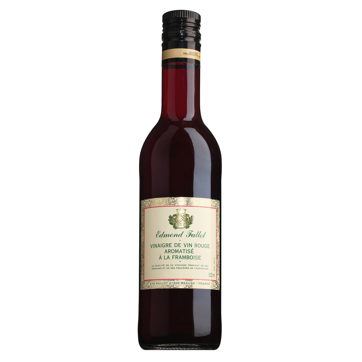 Eine 500-ml-Flasche Alter Rotweinessig mit Himbeeren von Edmond Fallot (Fallot, Bourgogne) ist auf weißem Hintergrund abgebildet.
