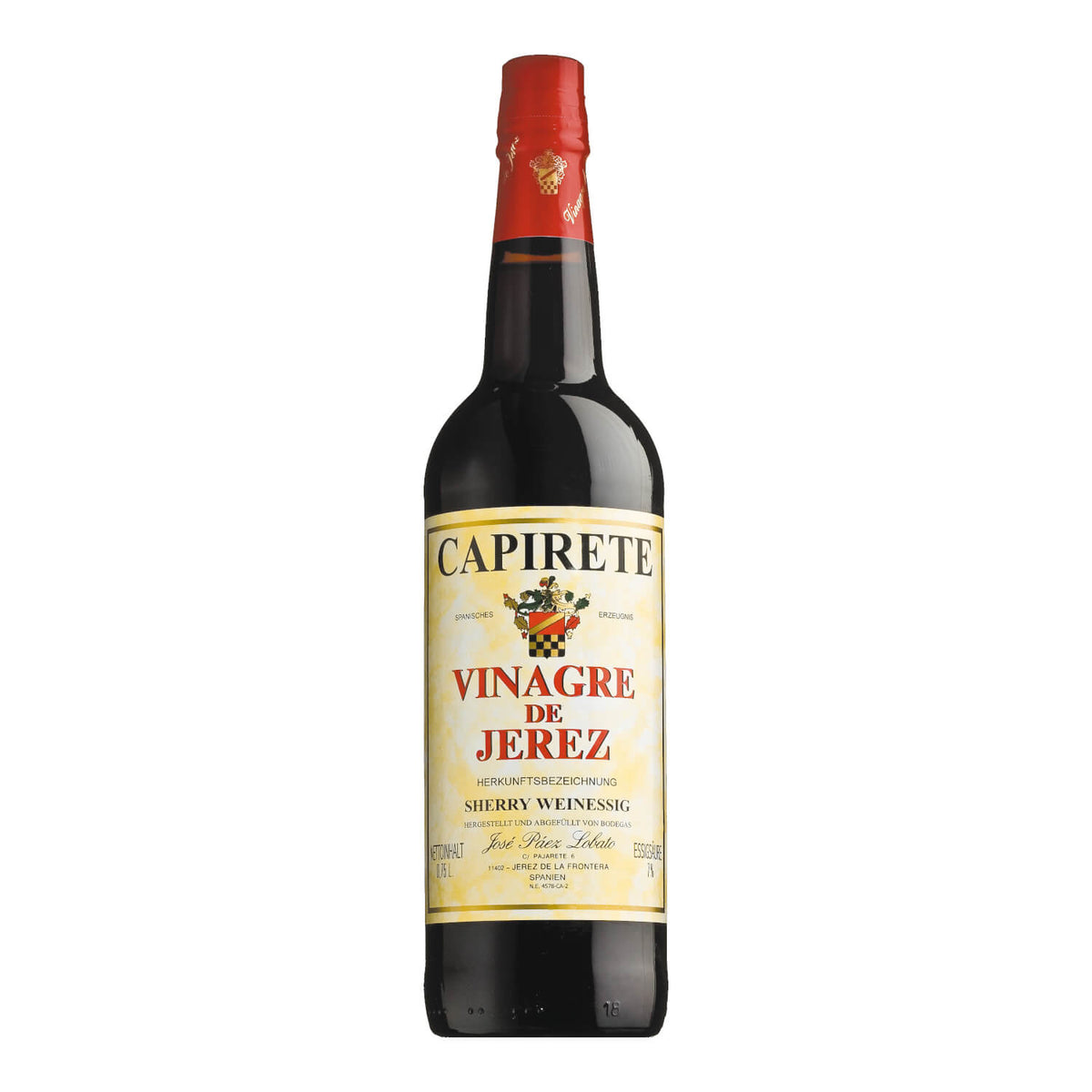 Eine 750 ml Flasche Lobato Vinagre de Jerez Sherry-Essig mit gelbem und rotem Etikett.