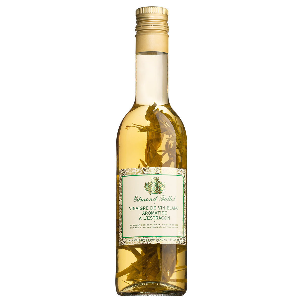 Eine 500-ml-Flasche Estragon-Essig weiß von Fallot, Bourgogne, mit sichtbaren Estragonkräutern im Inneren.