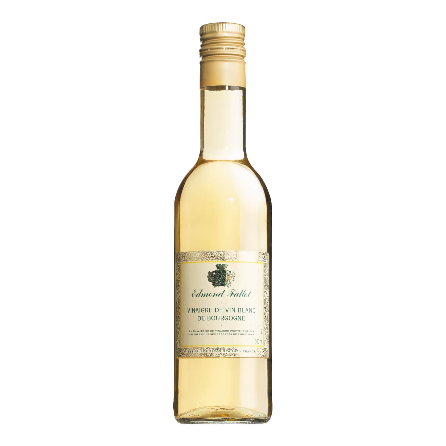 Eine 500-ml-Flasche Weißweinessig aus der Bourgogne von Edmond Fallot mit goldenem Verschluss und Etikett von Fallot, Bourgogne, auf weißem Hintergrund.