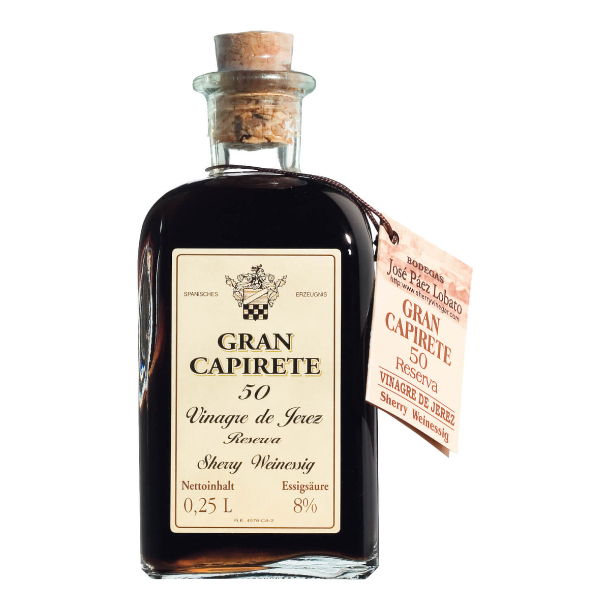 Eine 250 ml Flasche Gran Capirete Essig - feiner, intensiver Sherry von Lobato, mit Korkverschluss und Hängeetikett.