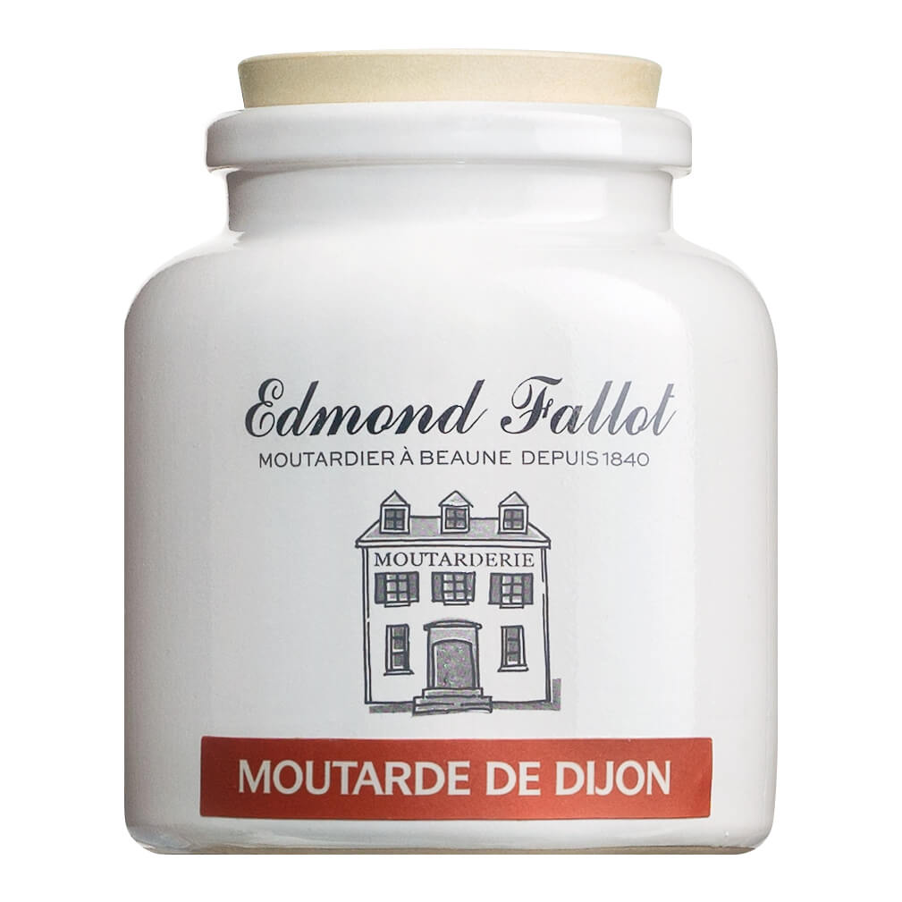 Ein weißes Steinglas mit der Aufschrift "Dijon-Senf scharf im Steintopf von Edmond Fallot, 250 g" von Fallot, Burgund, mit einer Skizze eines Gebäudes auf der Vorderseite.